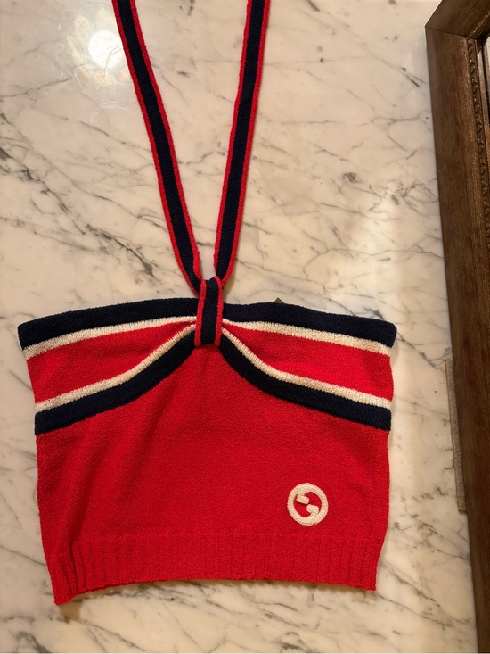Gucci Tops - Gucci Red Navy White Halter Knit Crop Top
